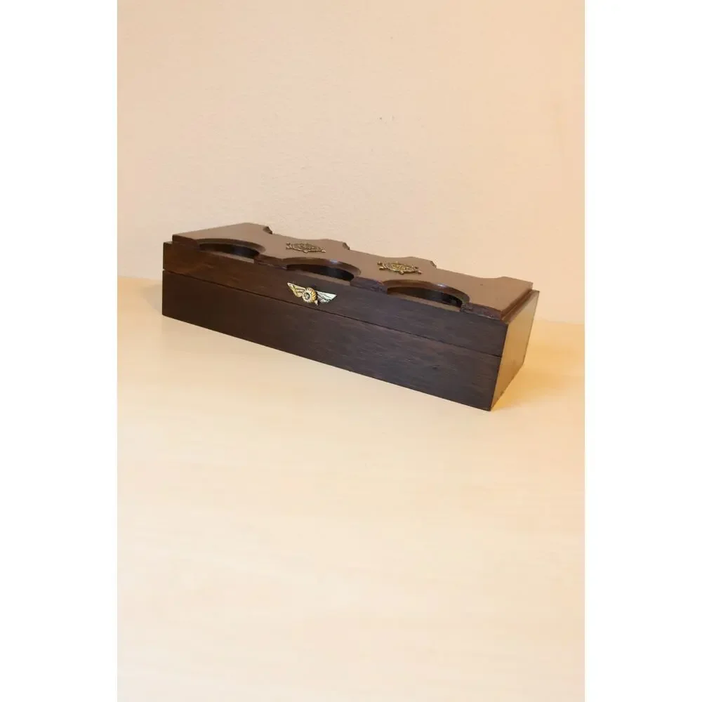 Vintage Nautical Wood Valet Jewelry Box Brass Ship Wheel Inlay Red Felt Lining